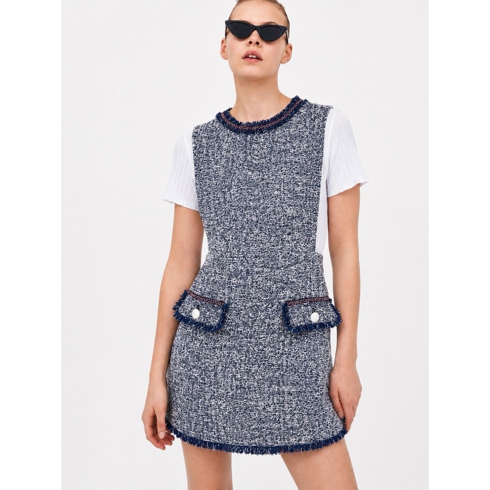 ZARA Blue Boucle Tweed Mini Dress M Fringe Pocket Old Money Quiet Luxury Chic